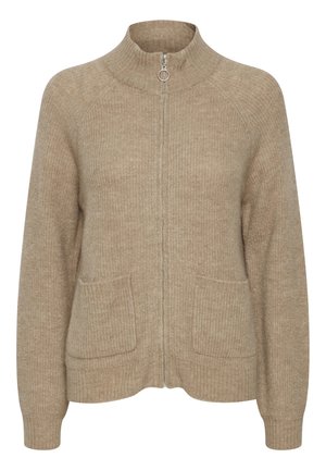 Beige gestrickte Strickjacke mit hohem Kragen, Frontreißverschluss und zwei vorderen Taschen. Verfügt über gerippte Bündchen und Saum für zusätzlichen Textur.