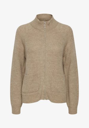 Beige knitted cardigan with a high collar, front zipper, and two front pockets. Features ribbed cuffs and hem for added texture.