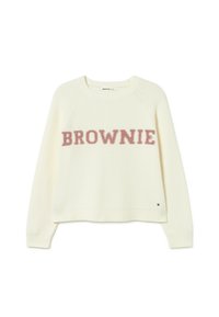 Suéter recortado de color crema con mangas raglán, que presenta la palabra "BROWNIE" en letras de felpa rosa. Dobladillo y puños acanalados.