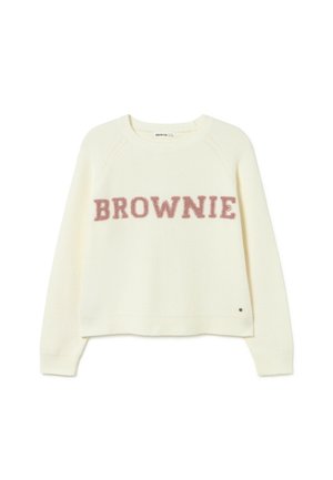 Suéter recortado de color crema con mangas raglán, que presenta la palabra "BROWNIE" en letras de felpa rosa. Dobladillo y puños acanalados.