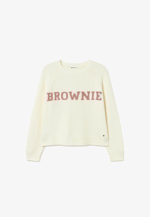 Suéter recortado de color crema con mangas raglán, que presenta la palabra "BROWNIE" en letras de felpa rosa. Dobladillo y puños acanalados.