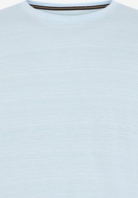 T-shirt azzurro chiaro realizzato in tessuto morbido, con scollatura rotonda e una leggera texture, dotato di un dettaglio a righe scure all'interno del colletto.