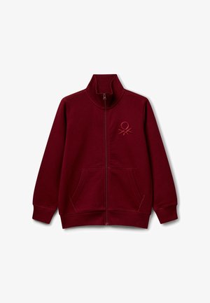 Veste zippée bordeaux en mélange de coton avec un col haut, des poches avant et un logo brodé sur la poitrine. Texture lisse.