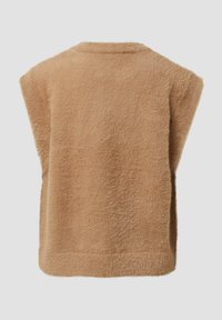 Beige, gestructureerd, mouwloos topje met losse pasvorm, voorzien van een ronde hals en zacht, pluizig materiaal. Gladde zoom aan de onderkant.