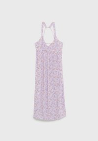 Robe fleurie avec un fond violet clair et de petites fleurs roses et orange. Bretelles réglables et coupe ample, avec des fentes sur les côtés.