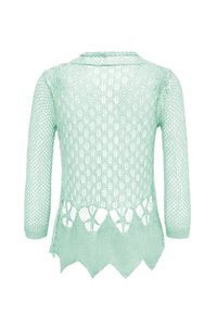 Pulover tricotat de culoare verde mentă deschisă, cu un design cu decupaje, mâneci lungi și tiv ondulat cu accente tăiate în partea de jos.