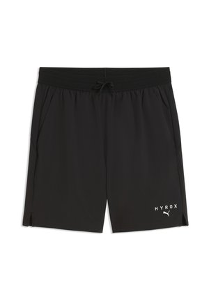 Schwarze Sportshorts mit elastischem Bund und Kordel, Seitentaschen, kleinen Schlitzen am Saum und weißem "HYROX" Logo mit Puma-Emblem am rechten Bein.