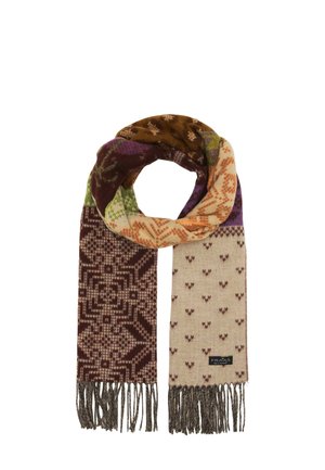 Multicolored knitted scarf with geometric and floral patterns, fringed ends, and a small rectangular brand tag sewn near one fringe.