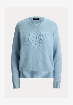 Ανοιχτό μπλε πλεκτό πουλόβερ με μακριά μανίκια, ριμπ μανσέτες και τελείωμα, και ανάγλυφο διακοσμητικό λογότυπο με γραφιστικά γράμματα στο στήθος.