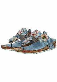 Tongs florales bleues avec une semelle en liège texturée, décorées d'appliqués de fleurs multicolores et d'accents en perles ; design léger et décontracté.