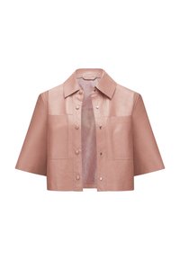 Rosa Lederjacke mit kurzen Ärmeln, spitzem Kragen, Druckknopfverschluss und zwei vorderen Taschen mit glatter Textur.