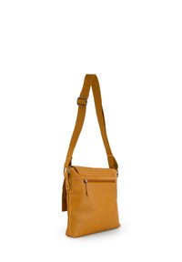 Senfgelbe Lederhandtasche mit einem langen, verstellbaren Tragegurt, einer Reißverschlusstasche vorne und einer schlanken rechteckigen Form. Glatte Textur, minimalistisches Design.