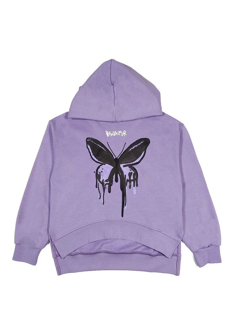 Felpa con cappuccio di colore viola chiaro con una grafica di farfalla nera e design a goccia sul retro. Texture morbida con polsini e orlo a maniche.