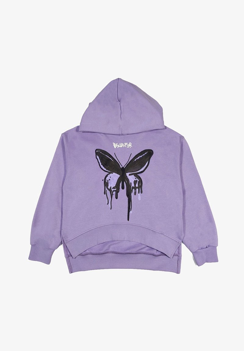Felpa con cappuccio di colore viola chiaro con una grafica di farfalla nera e design a goccia sul retro. Texture morbida con polsini e orlo a maniche.