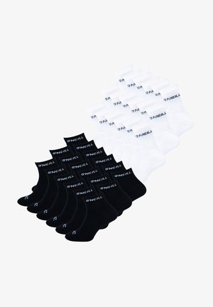 Black and white ankle socks, 12 pairs total. Material appears soft, with ribbed cuffs. "O'NEILL" logo printed on each sock in contrasting colors.