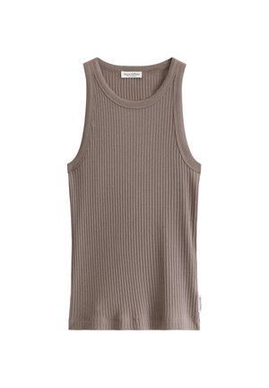 Mouwloos geribd taupekleurig tanktopje met ronde halslijn, Marc O'Polo-label binnenin de kraag en een klein merkvlaggetje in de zijnnaad.