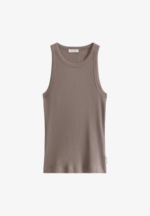 Ärmelloses, geripptes Top in Taupe mit rundem Ausschnitt, Marc O'Polo-Label im Kragen und kleinem Markenschild an der Seitennaht.