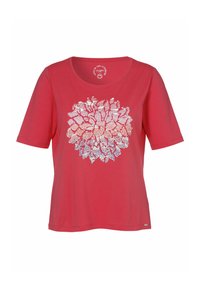 Rode T-shirt met korte mouwen, voorzien van een glinsterend bloemenontwerp in tinten van roze en wit in het midden. Gemaakt van zachte stof.