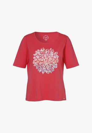 Rotes T-Shirt mit kurzen Ärmeln, das in der Mitte ein glitzerndes Blumenmuster in Rosa- und Weißtönen zeigt. Hergestellt aus weichem Stoff.