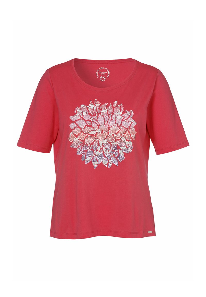 Rode T-shirt met korte mouwen, voorzien van een glinsterend bloemenontwerp in tinten van roze en wit in het midden. Gemaakt van zachte stof.