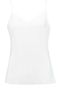 Camisola bianca senza maniche con scollatura a zig zag e spalline sottili, tessuto morbido e silhouette aderente, leggermente svasata.