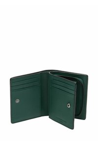 Zielony skórzany portfel z wieloma przegródkami na karty, komorą na zamek błyskawiczny oraz zapięciem na zatrzask. Gładka faktura i minimalistyczny design.