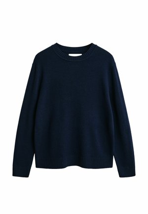 Tmavě modrý svetr s kulatým výstřihem a žebrovanými manžetami a lemem, vyrobený z měkké tkaniny, s jednoduchým, klasickým designem a rovný střih.