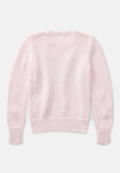 Rosa, strikket genser med avslappet passform, ribbestrikkede mansjetter og kant. Åpen vevtekstur på baksiden, rund hals uten lukking.