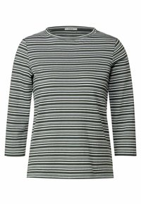 Gestreepte lange mouwen top in groen, wit en marineblauw. Heeft een ronde halslijn en een rechte zoom. Zachte, rekbare stof met een gestructureerd patroon.