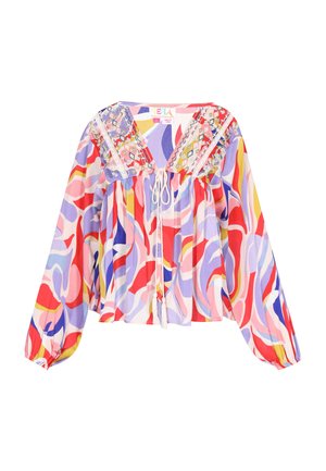 Bunte Bluse mit lockerer Passform, langen Ärmeln, V-Ausschnitt und dekorativer Stickerei. Die Muster bestehen aus Wirbeln in Pink, Rot und Blau.