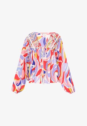 Šarena bluzica sa slobodnim krojem, dugim rukavima, V-izrezom i dekorativnom vezom. Uzorci uključuju spirale u ružičastoj, crvenoj i plavoj boji.