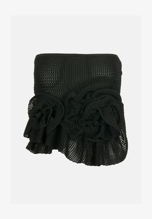 Top negru fără bretele din plasă, cu două rosete mari din țesătură și detaliu cu tiv încrețit.