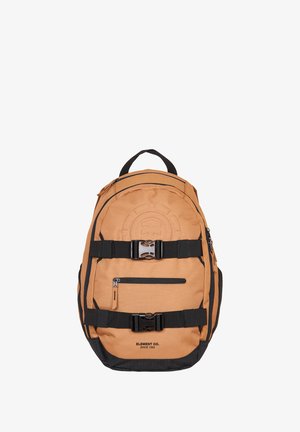 Backpack made of durable tan fabric with black accents, featuring a large main compartment, front zip pocket, and adjustable straps.