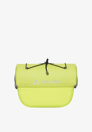Pochette de marque Vaude jaune-vert vif avec un haut roulé sécurisé par des cordons élastiques noirs et un logo réfléchissant à l'avant.