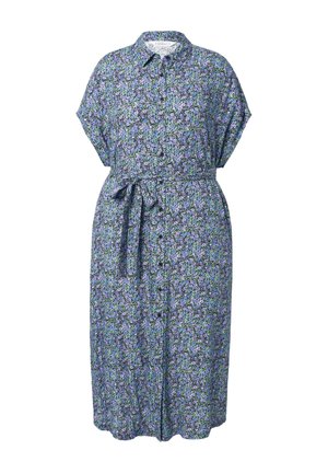 Blomsterkjole med korte ærmer, lavet af letvægtsstof. Den har en knaplukning foran, et bindebånd og et flerfarvet mønster i lilla og grøn.