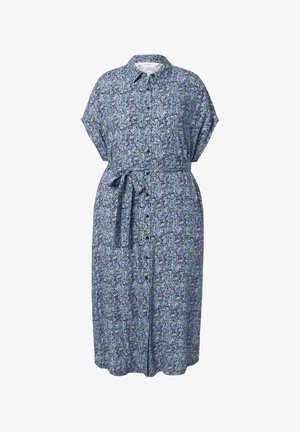 Blomsterkjole med korte ærmer, lavet af letvægtsstof. Den har en knaplukning foran, et bindebånd og et flerfarvet mønster i lilla og grøn.