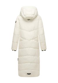 Long white puffer coat with a hood, featuring a chevron quilted pattern, long sleeves, and black hardware accents.