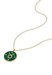 Złoty naszyjnik z łańcuchem, z okrągłym medalionem z malachitu, na którym znajduje się symbol Byka, ozdobiony pięcioma małymi gwiazdkami. Medalion ma teksturowaną powierzchnię z wypukłościami.