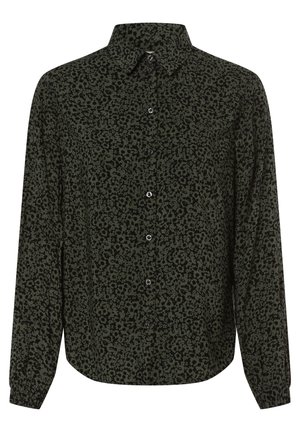 Camisa de manga larga con botones, con estampado abstracto de leopardo en verde oscuro y negro y cuello puntiagudo.