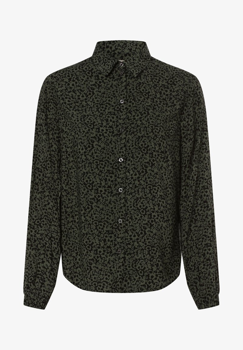 Chemise à manches longues boutonnée avec motif léopard abstrait vert foncé et noir et col pointu.