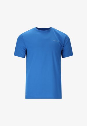 Blauw atletisch t-shirt met korte mouwen en ronde hals, met een klein "ENDURANCE" logo op de linker bovenborst.