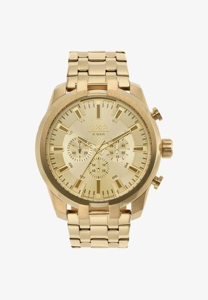 Gouden roestvrijstalen horloge met een gestructureerde wijzerplaat, chronograaffuncties en een schakelarmbandontwerp; beschikt over vet gedrukte uurmarkeringen en drukknoppen.