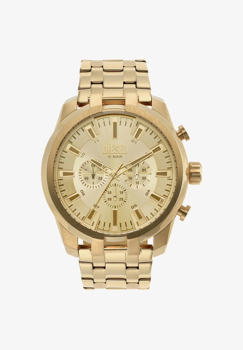 Goldfarbene Edelstahl-Armbanduhr mit strukturiertem Zifferblatt, Chronographenfunktionen und einem Gliederarmband-Design; verfügt über markante Stundenmarker und Drücker.