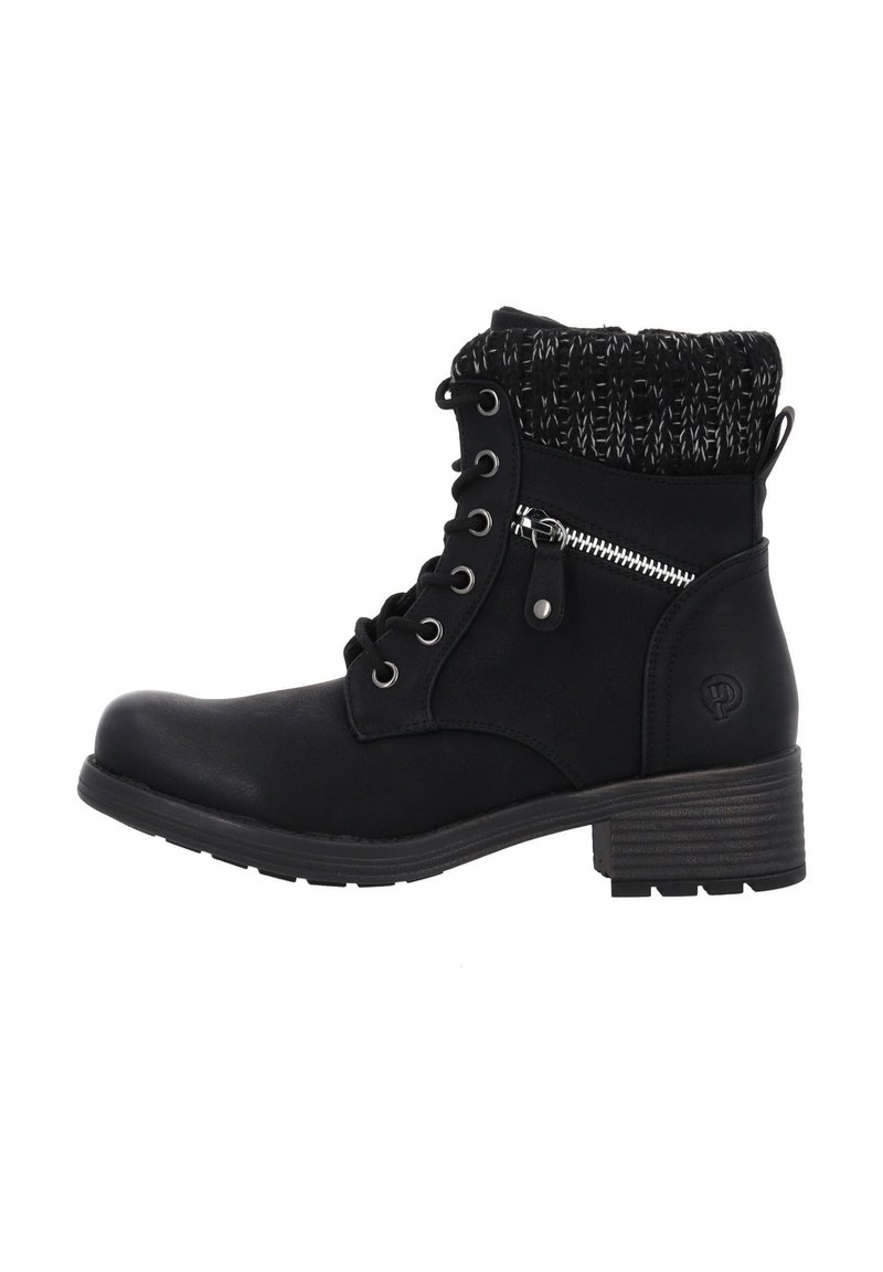 Botas de tobillo negras con un puño de punto texturizado, cierre con cordones, cremallera lateral y tacón ancho, fabricadas con material sintético.