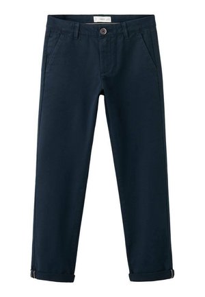Chinos bleu marine en mélange de coton lisse, dotés d'une ceinture à boutons, de poches avant et de revers roulés pour une coupe effilée.