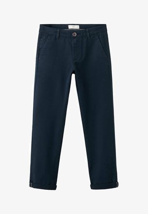 Navy chinos with a smooth cotton blend, featuring a buttoned waistband, front pockets, and rolled cuffs for a tapered fit.