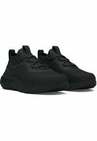 Chaussures de sport noires avec une tige en mesh texturé, une semelle en caoutchouc et un talon renforcé. Remarquables pour leur design épuré et leur marque minimaliste.