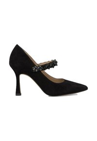 Scarpa nera in suede con tacco alto e punta affusolata, dotata di una cintura decorativa con perline nere lungo il bordo. Altezza del tacco di 3 pollici.