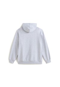Sweatshirt gris à capuche avec des poignets et un ourlet côtelés, texture douce et coupe décontractée, présentant un design simple et sans ornements.