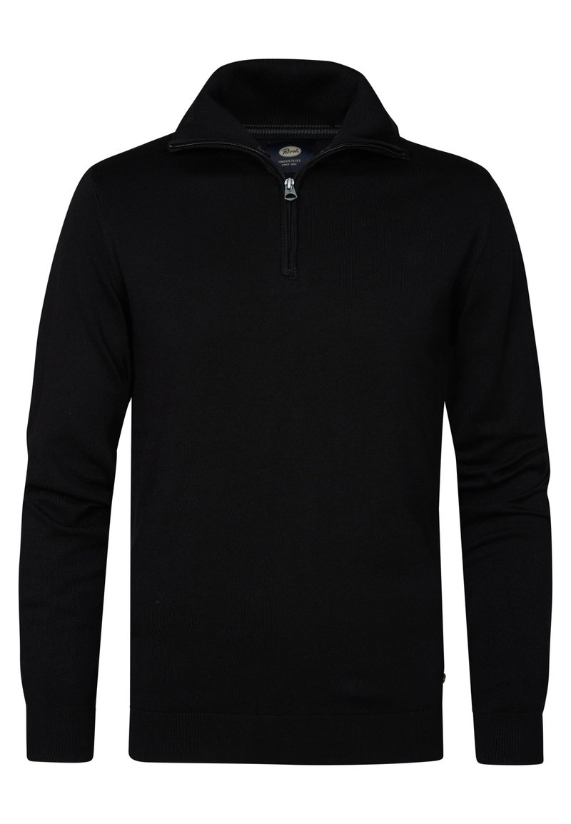Maglione nero a pullover con colletto zip, realizzato in un tessuto a maglia liscia. Presenta maniche lunghe e polsini a coste con una silhouette aderente.